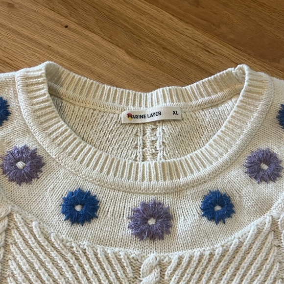 Marine Layer Jada Ivory Floral Embroidered Crewneck Sweater Sz XL - Picture 2 of 7
